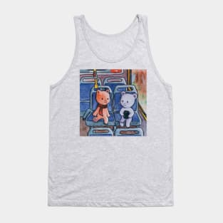 kitten and teddy bear listening to music in the bus illustration Tank Top